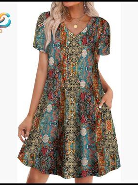Boho T-Shirt Dress with Pockets, Casual Loose Fit, S-4XL